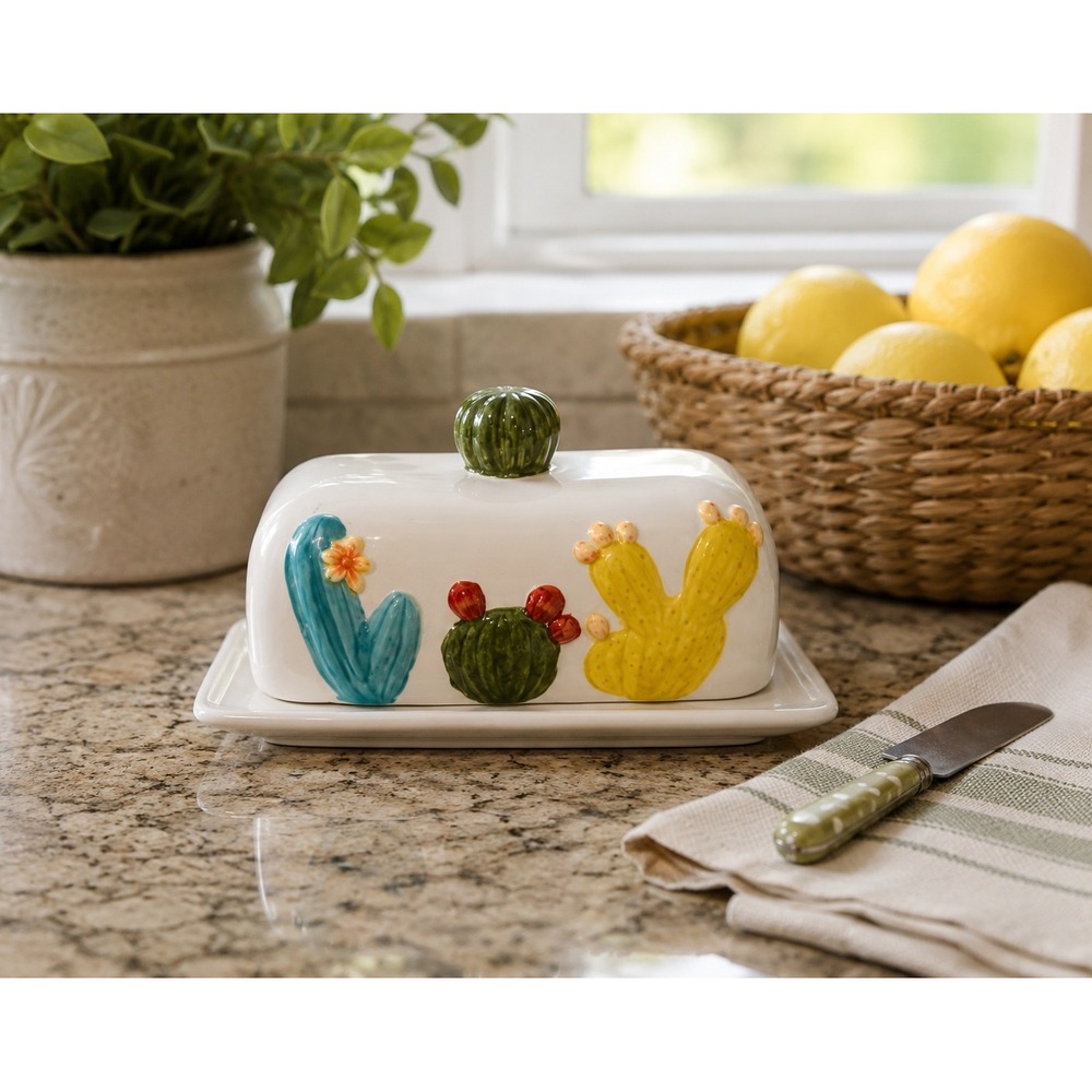 Ceramic Cactus Butter Dish Covered Southwest Desert Kitchen Decor 8" Colorful